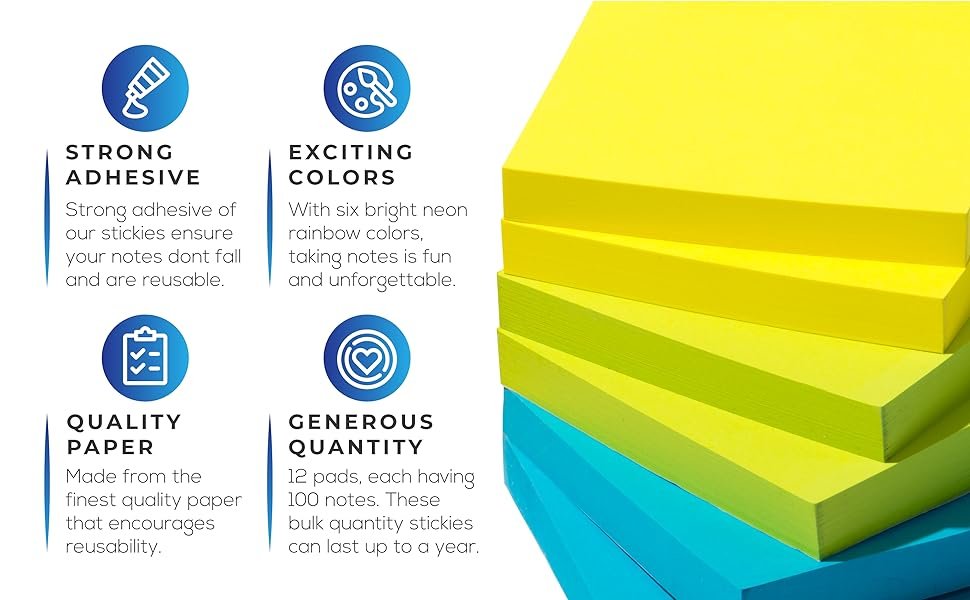 colorful sticky notes in Yellow, Green, Blue, Orange, Pink, Rose neon colors, Fun stickies, 3x3 inch