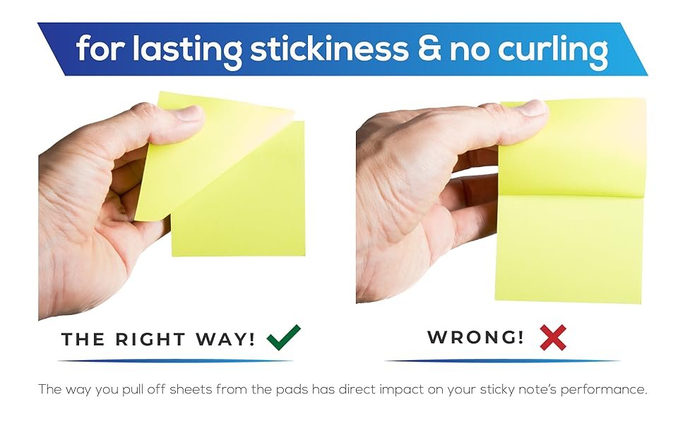 strong adhesive, no curling problem, reusable stickies notes